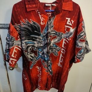 Anchor Blue Mens red samurai Button Up size L short sleeve